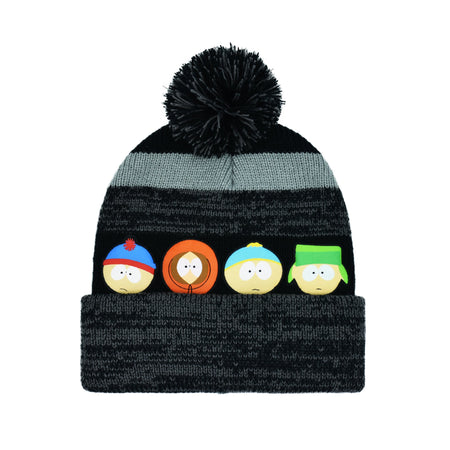 Front view of black knitted beanie featuring South Park characters Stan, Kyle, Cartman, and Kenny on the cuff