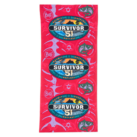 Survivor Season 51 magenta Dina tribe BUFF headwear laid flat, showing the full tubular fabric design and tribe graphics