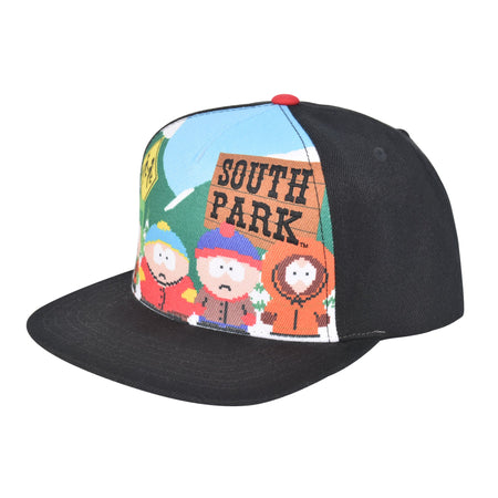 South Park Character Scene All-Over Print Snapback Hat front view featuring Stan Kyle Cartman and Kenny