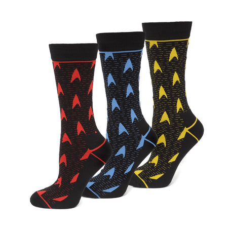 Star Trek 3-pair sock gift set featuring Command Yellow, Operations Red, and Science Blue colors
