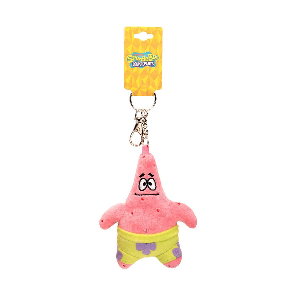 Patrick Star plush keychain displayed in its official Nickelodeon licensed jewelry packaging box.