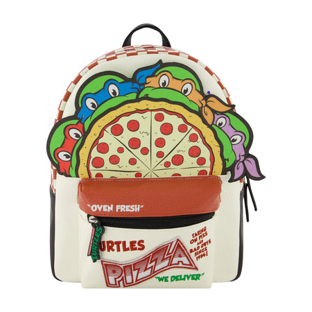 Front view of the Teenage Mutant Ninja Turtles mini backpack featuring Leonardo, Michelangelo, Donatello, and Raphael.