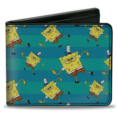 SpongeBob Bi - Fold Wallet Dancing Pose Scattered Stripe Vegan Leather Teal Blues - Paramount Shop