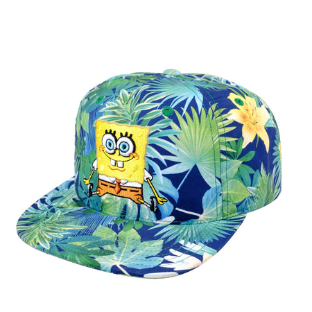 Spongebob Squarepants Baseball Cap, Tropical Floral Curved Brim Adjustable Snapback Hat, Blue and Green, One Size - Paramount Shop