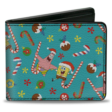 SpongeBob SquarePants Bi - Fold Wallet Holiday Treats Christmas Collage Men's Vegan Leather Turquoise - Paramount Shop