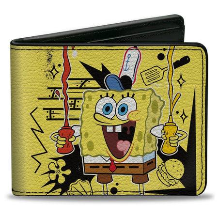 SpongeBob SquarePants Bi - Fold Wallet Krabby Patty Condiments Pose Vegan Leather Yellow/Black - Paramount Shop