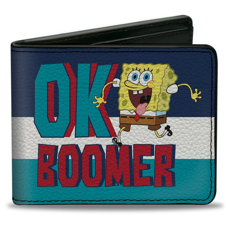 SpongeBob SquarePants Bi - Fold Wallet OK BOOMER Tongue Out Pose Stripe Blues White Vegan Leather - Paramount Shop