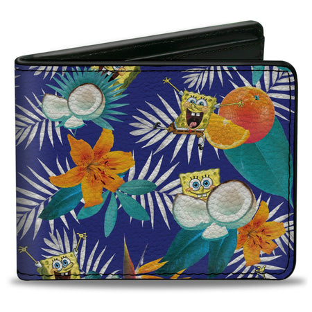 SpongeBob SquarePants Bi - Fold Wallet Poses Tropical Orange Coconut Collage Vegan Leather - Paramount Shop