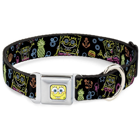 SpongeBob SquarePants Dog Collar Face Close - Up & Electric Poses Miniature Seatbelt Buckle Black Multi - Paramount Shop