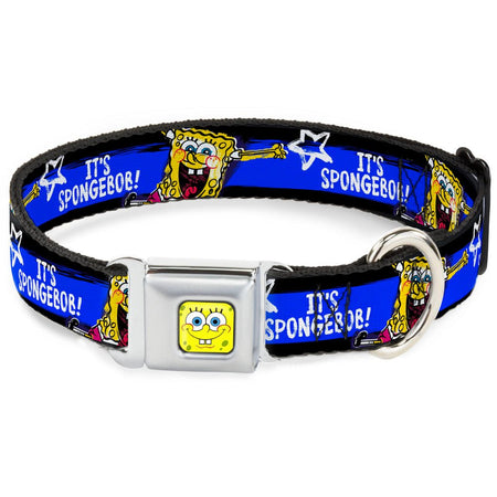 SpongeBob SquarePants Dog Collar Face Close - Up Seatbelt Buckle Black/Blue/White Stripe - Paramount Shop
