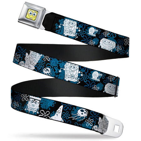 SpongeBob SquarePants Seatbelt Belt Full Color Face Close - Up with Patrick, Gary & Flowers Black Blue White Webbing - Paramount Shop