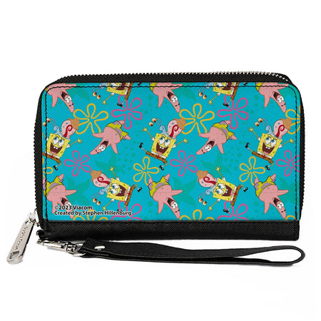 SpongeBob SquarePants Wallet Patrick and Gary Joy Poses and Flowers Blue Vegan Leather Zip Around - Paramount Shop