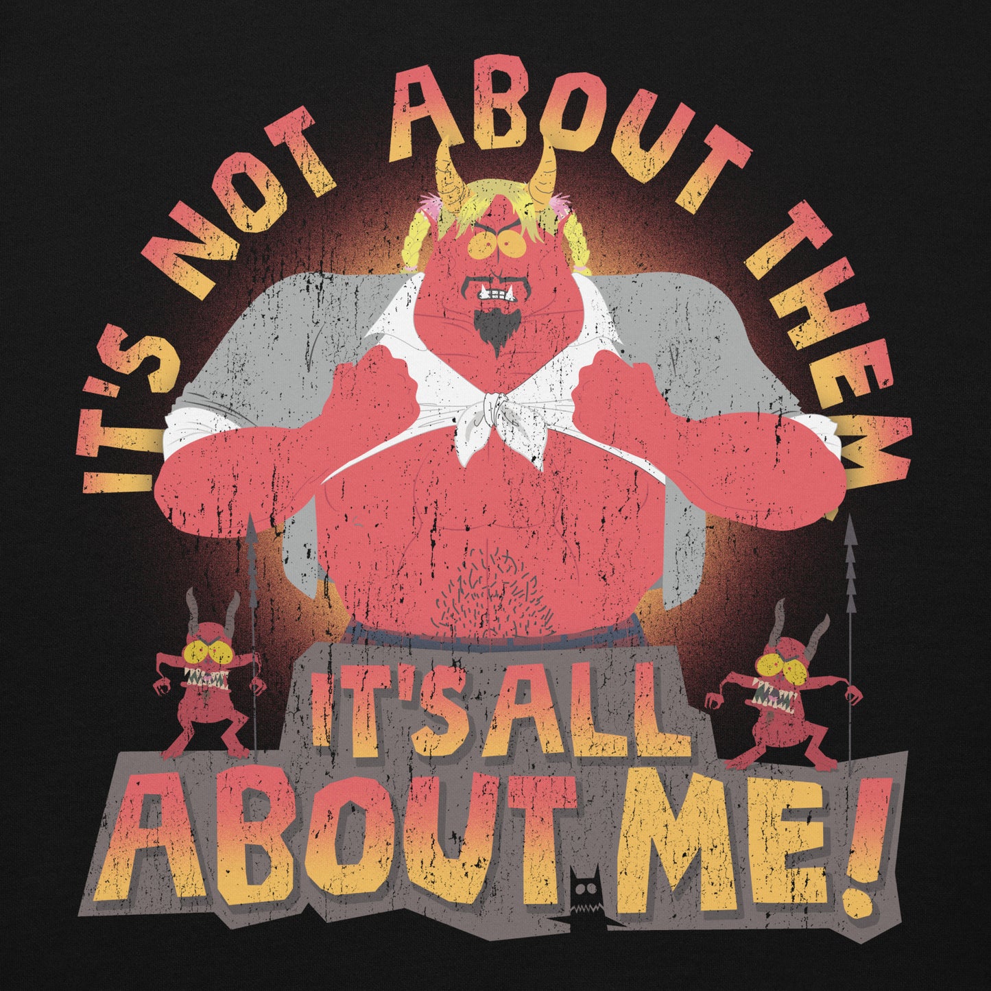 Close-up view of the South Park Satan It's All About Me graphic on the hoodie chest