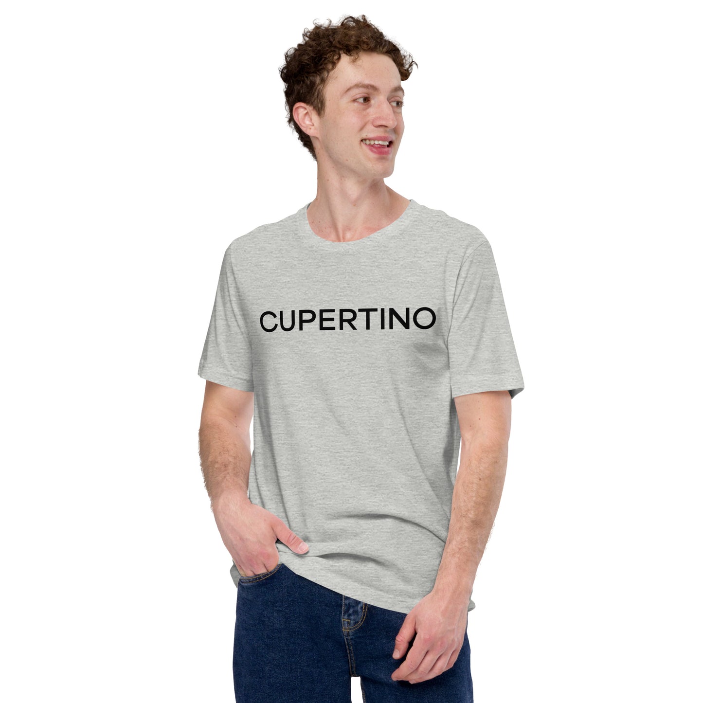 Close-up of the Cupertino logo graphic on the t-shirt chest