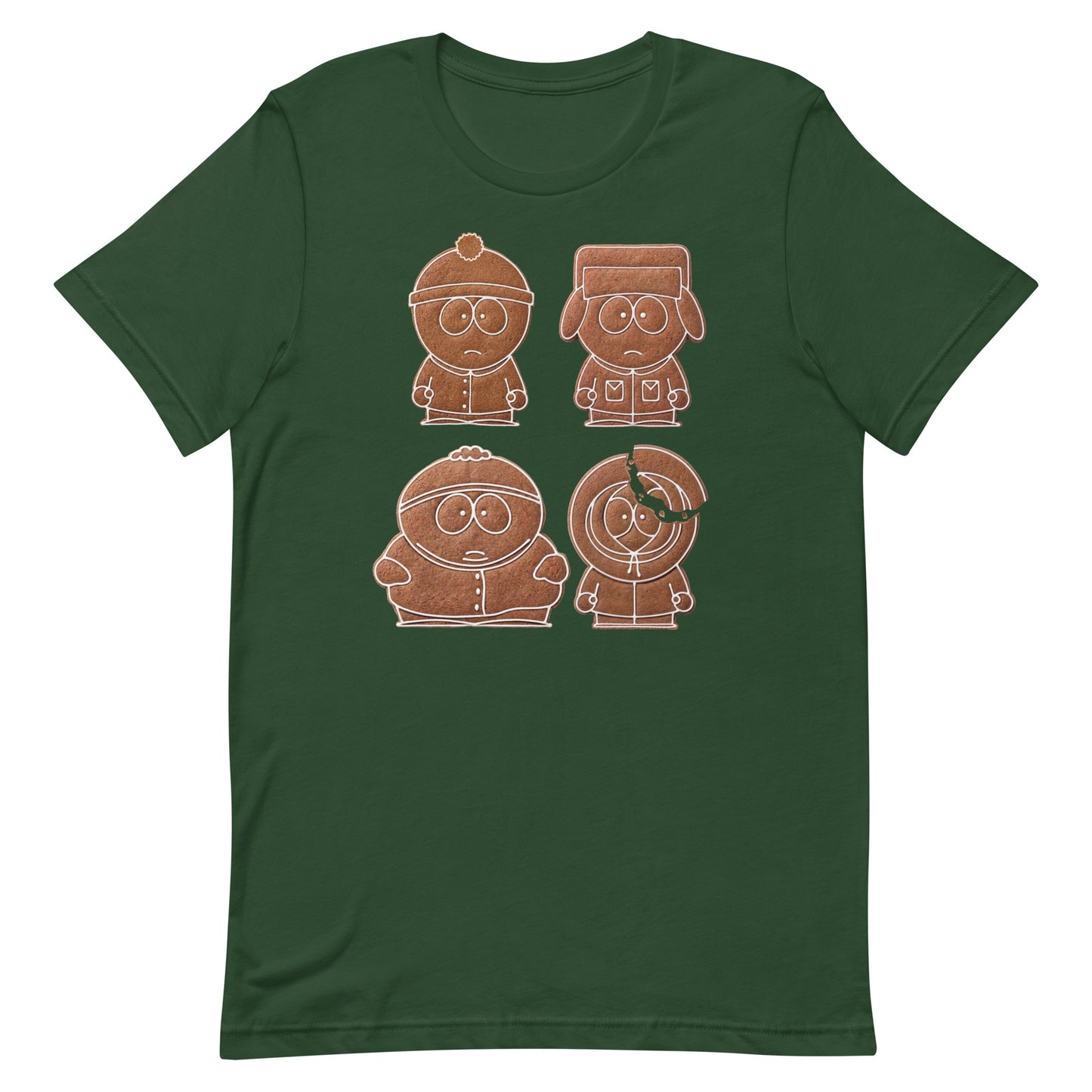 Close-up of the gingerbread character graphic on the front of the red South Park t-shirt