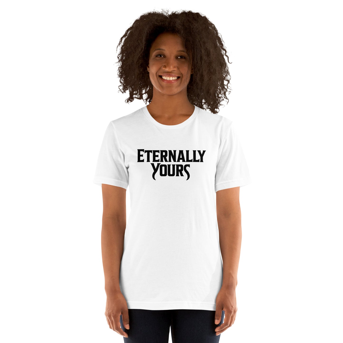 Folded stack of Eternally Yours t-shirts showcasing asphalt and white color options