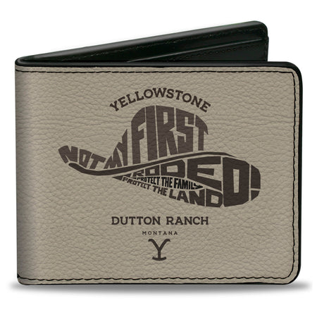 Yellowstone Not My First Rodeo Typography Bi-Fold Wallet in beige and brown.
