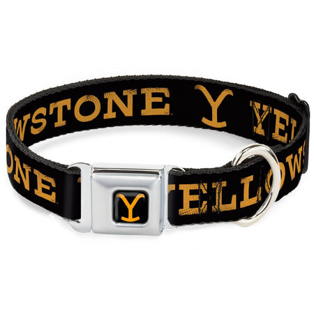 Yellowstone Y Logo Black Orange Seatbelt Buckle Dog Collar front view