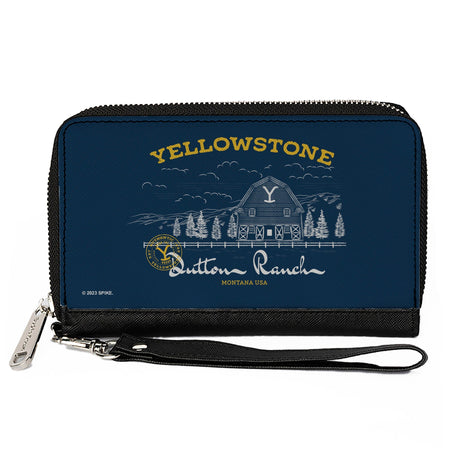 Front view of the Yellowstone Dutton Ranch landscape zip-around wallet in blue and white.
