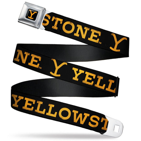Yellowstone Y Logo seatbelt belt with black strap and orange logo