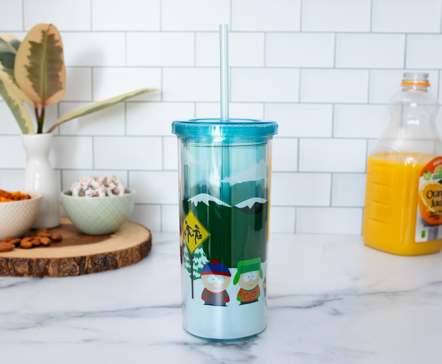 Perspective shot of the South Park drinkware emphasizing its 20-ounce capacity