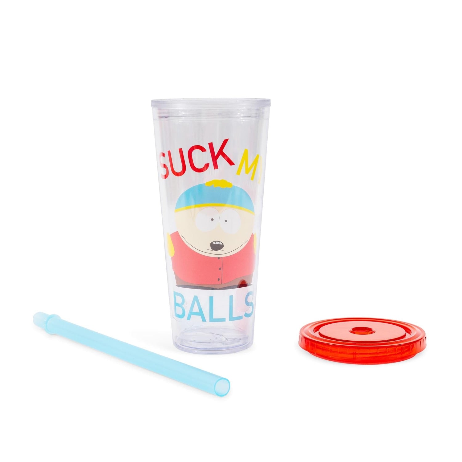 Spill-resistant lid and reusable straw on the South Park carnival cup