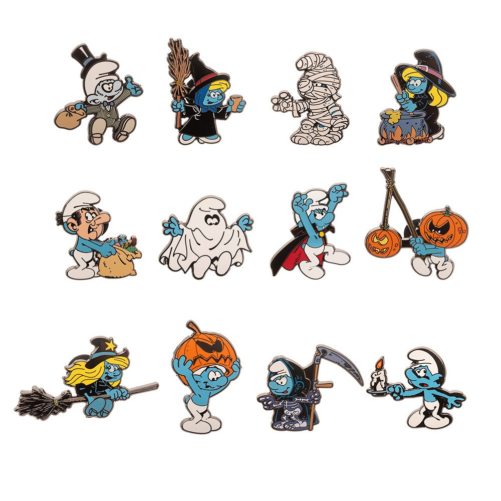 The Smurfs Halloween Blind Box Pin packaging showing mystery Smurf character silhouettes.