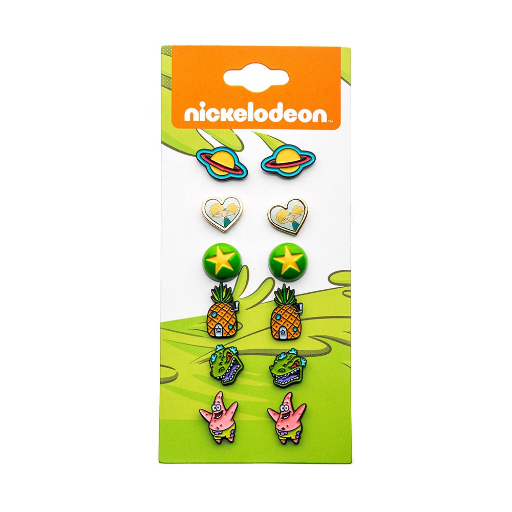 Close-up of three pairs of Nickelodeon character earrings in a collector set.