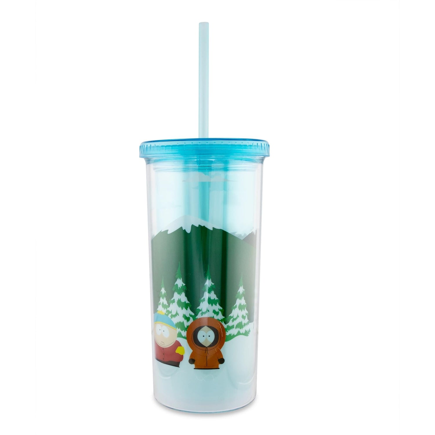 Close-up of the South Park tumbler showing character artwork and snow graphics