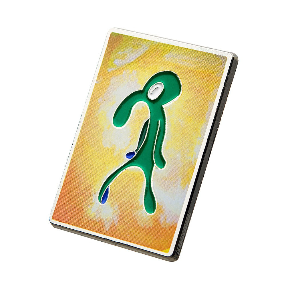 Close up of the Bold and Brash enamel pin showing the teal and yellow abstract figure from the SpongeBob SquarePants series.