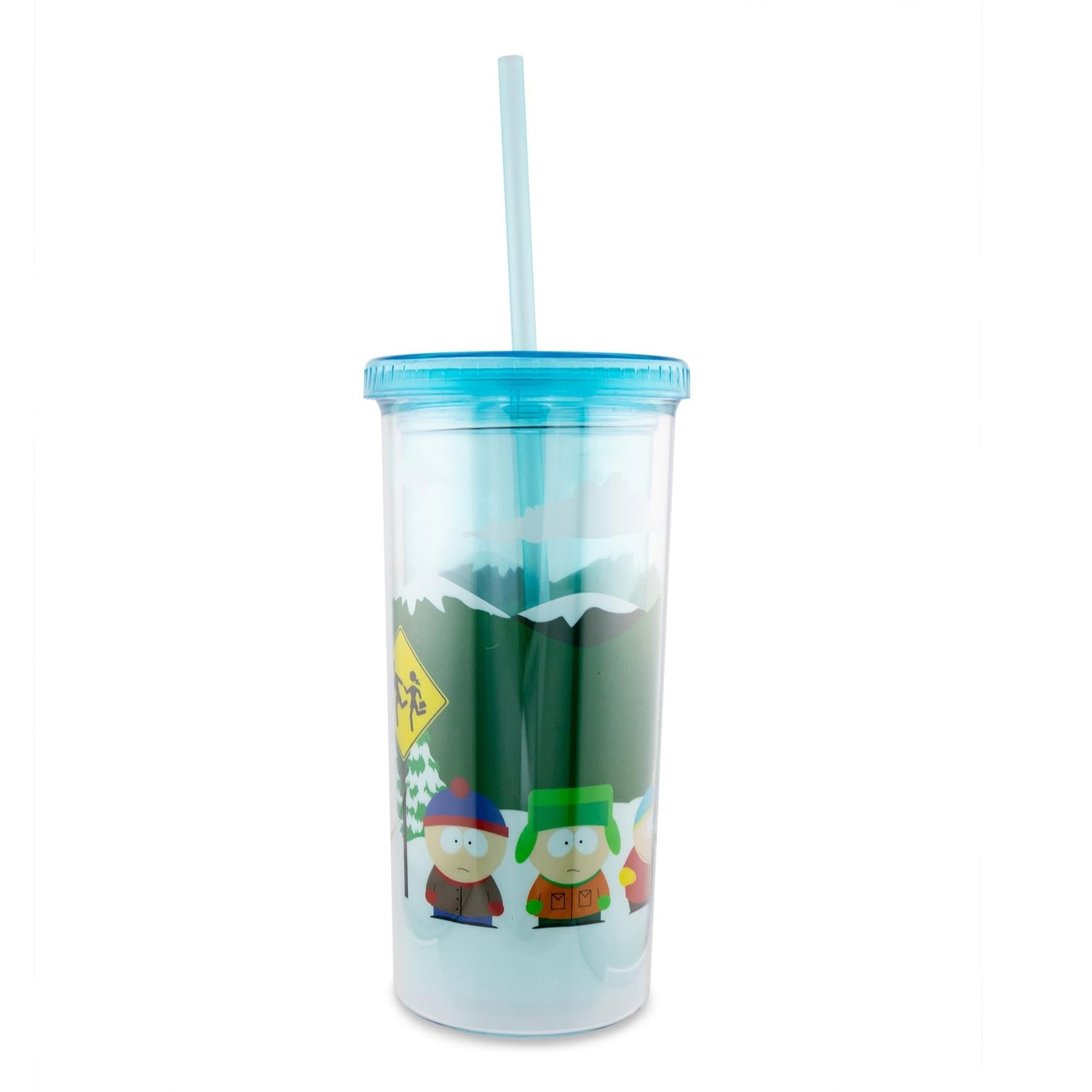 Top angle of the South Park carnival cup displaying the screw-top lid and reusable straw