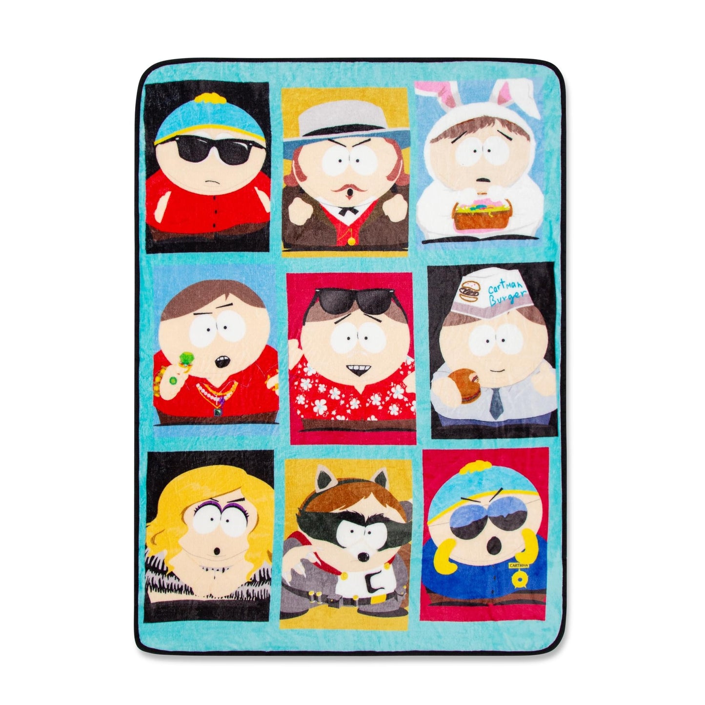 South Park Eric Cartman raschel throw blanket folded flat to display character grid design