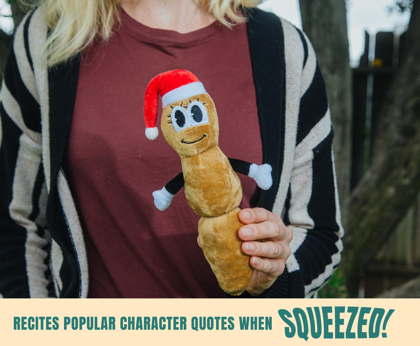 Detail shot of the Santa hat and festive details on the Mr. Hankey plush
