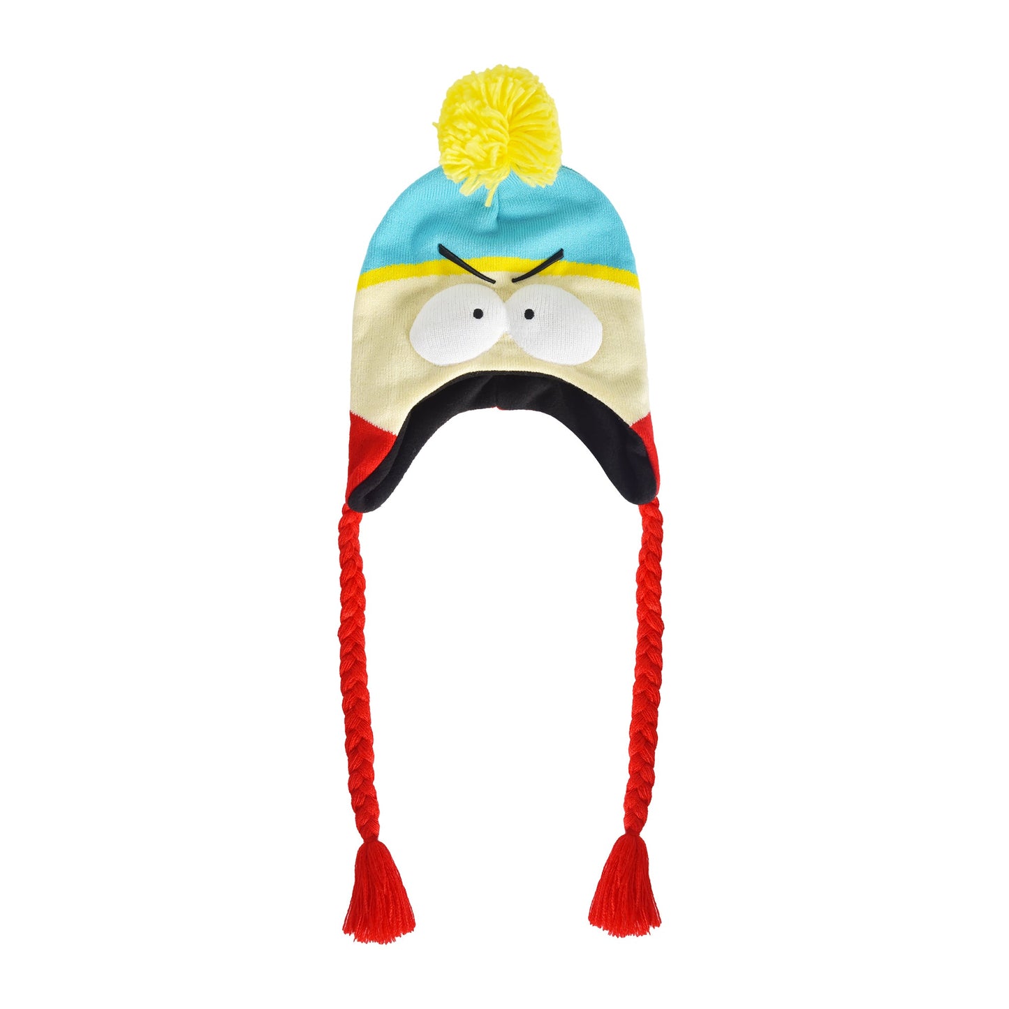 Side view of turquoise Eric Cartman knit hat showing ear flaps and pom