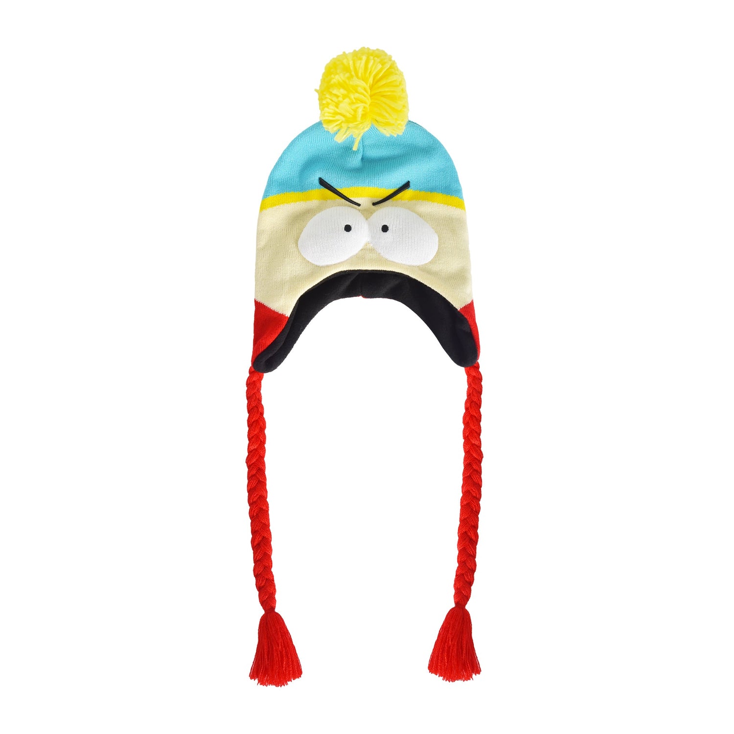 Side view of turquoise Eric Cartman knit hat showing ear flaps and pom