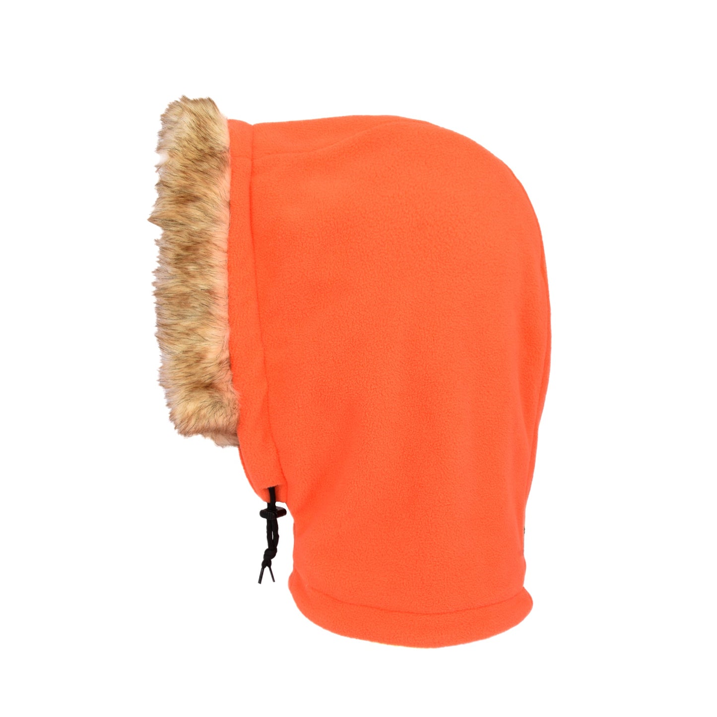 Side view of the slip-on Kenny McCormick cosplay hood showing the soft fleece material and snug fit.