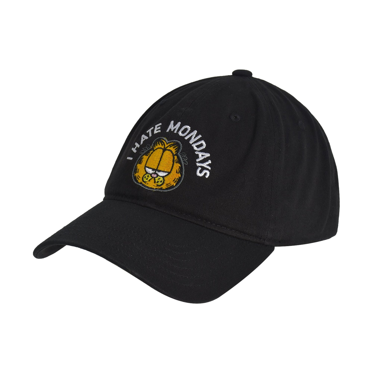 Front view of the Garfield dad hat showing the character embroidery and curved brim.