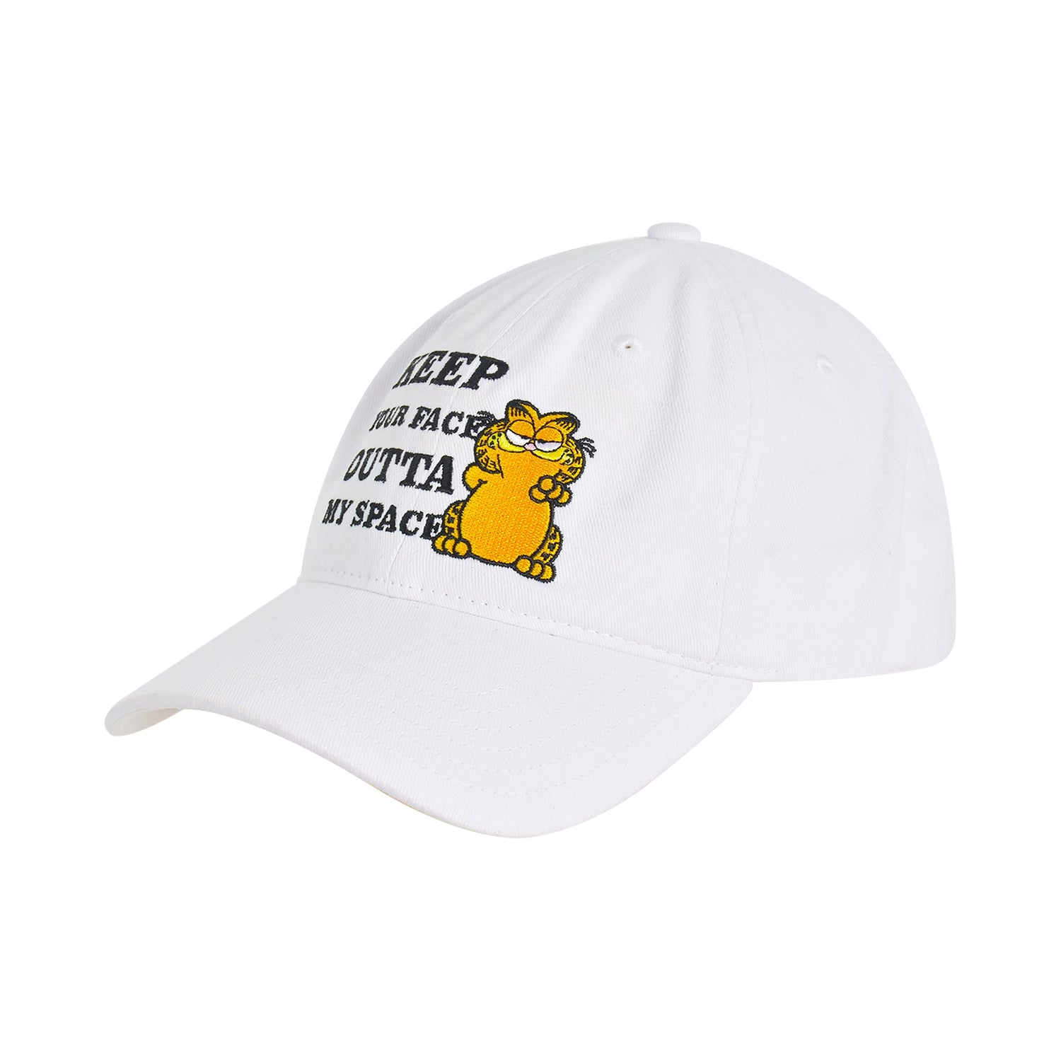Close-up detail of Garfield hat fabric and stitching