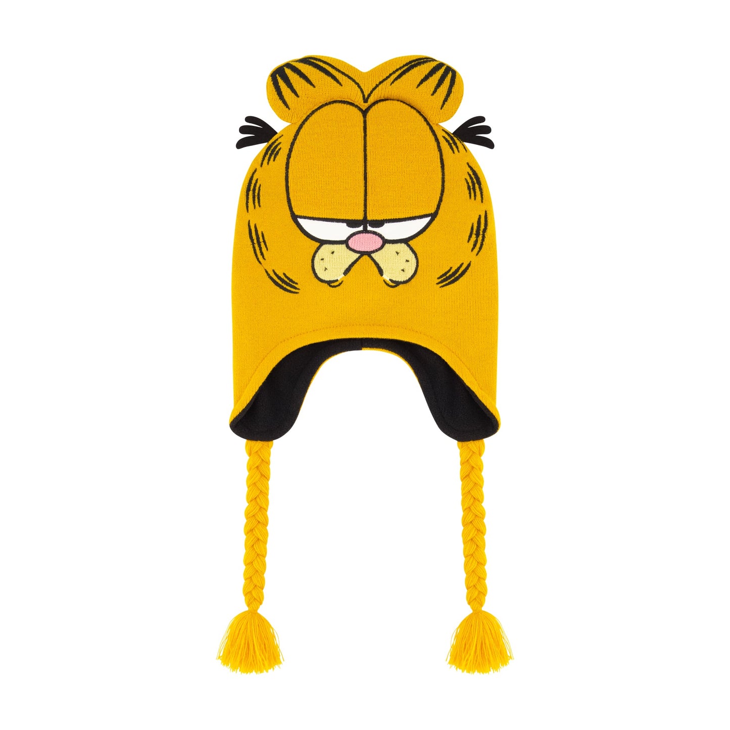 Orange Garfield Peruvian beanie hat with 3D cat ears and braided tassels