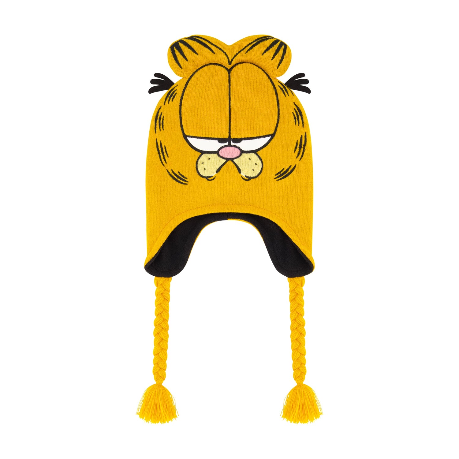 Orange Garfield Peruvian beanie hat with 3D cat ears and braided tassels