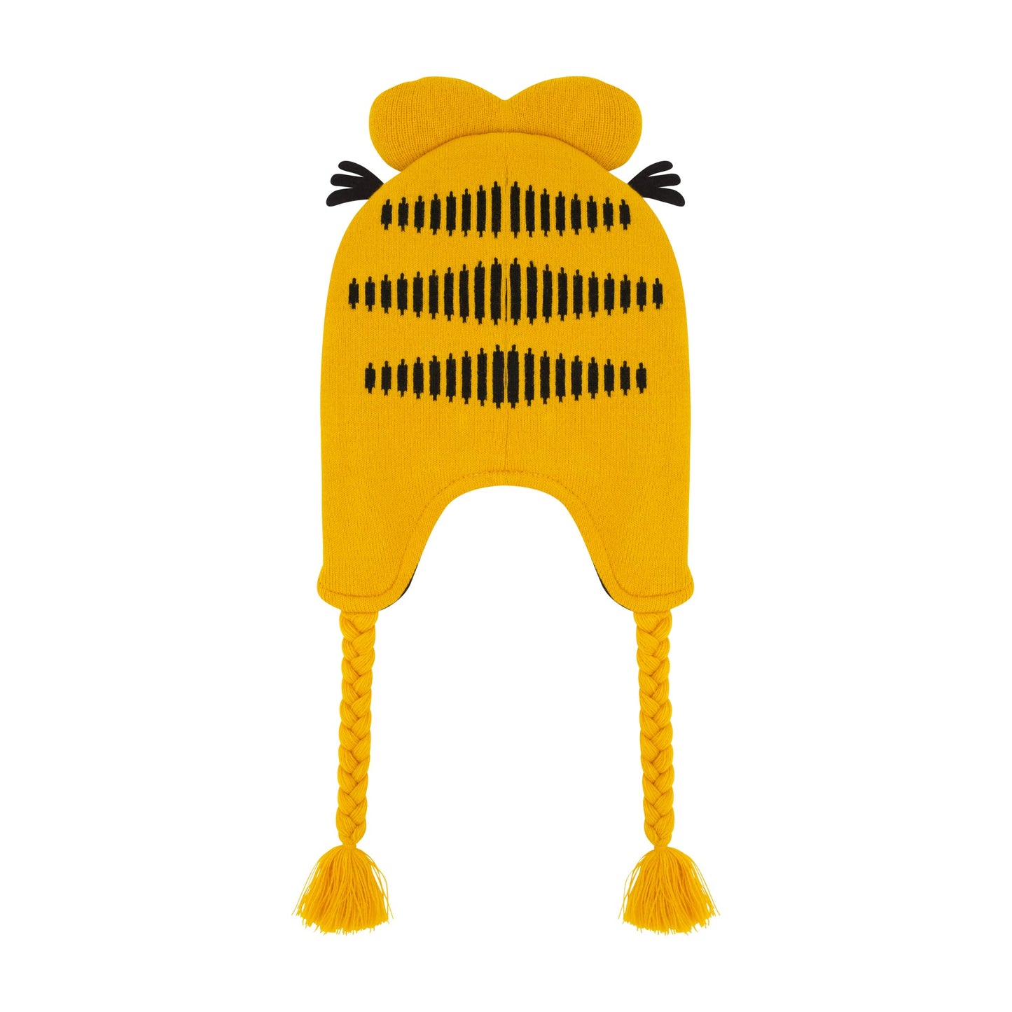Detail view of the 3D cat ears and knit texture on the Garfield winter hat