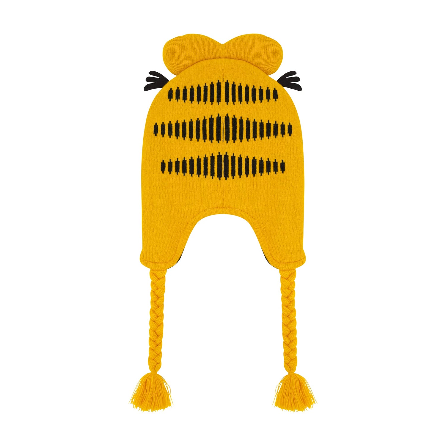 Detail view of the 3D cat ears and knit texture on the Garfield winter hat