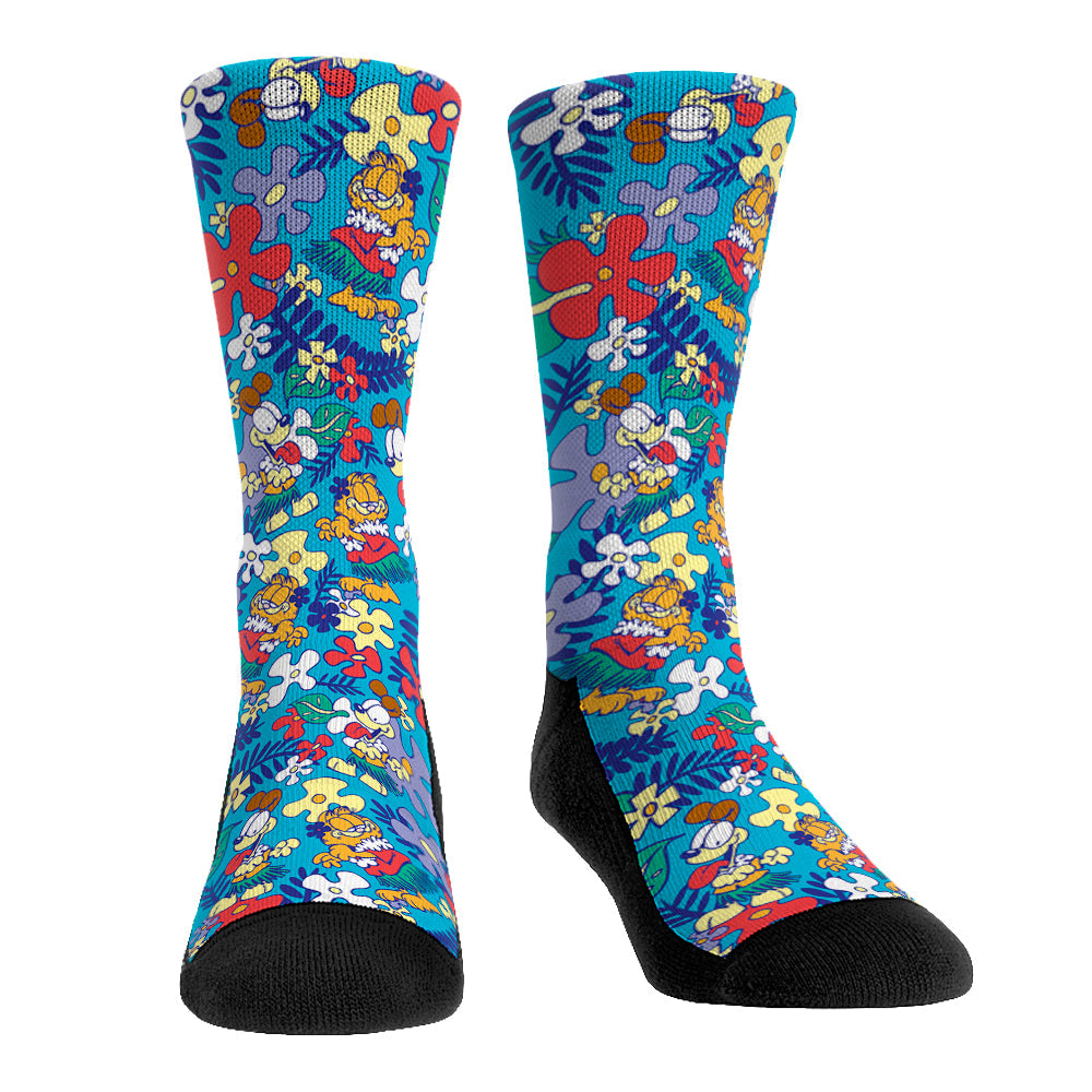 Garfield Luau crew socks featuring Garfield taking a catnap on an orange and blue tropical patterned background.