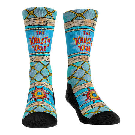 Vibrant crew socks featuring a pattern inspired by the Krusty Krab restaurant interior from SpongeBob SquarePants.