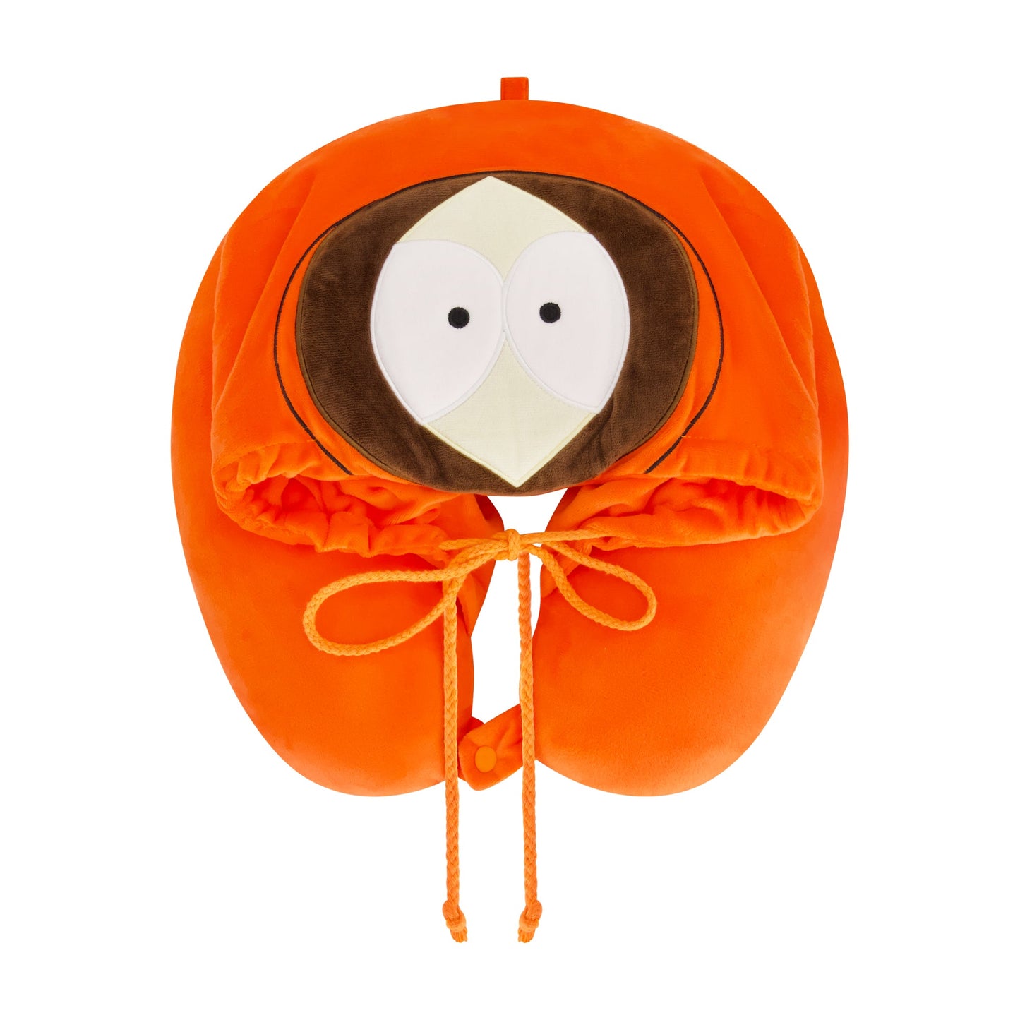 South Park Kenny McCormick character hooded travel neck pillow in bright orange parka design.