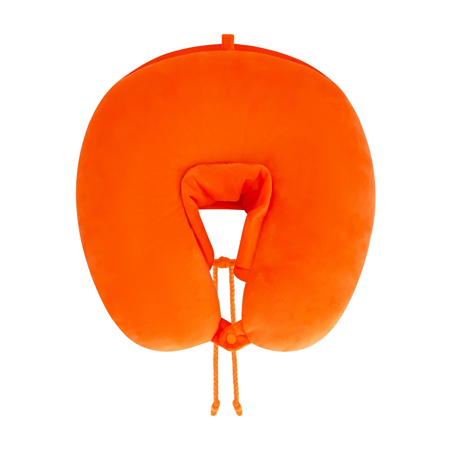 Ergonomic U-shaped neck pillow with attached orange hood inspired by South Park.