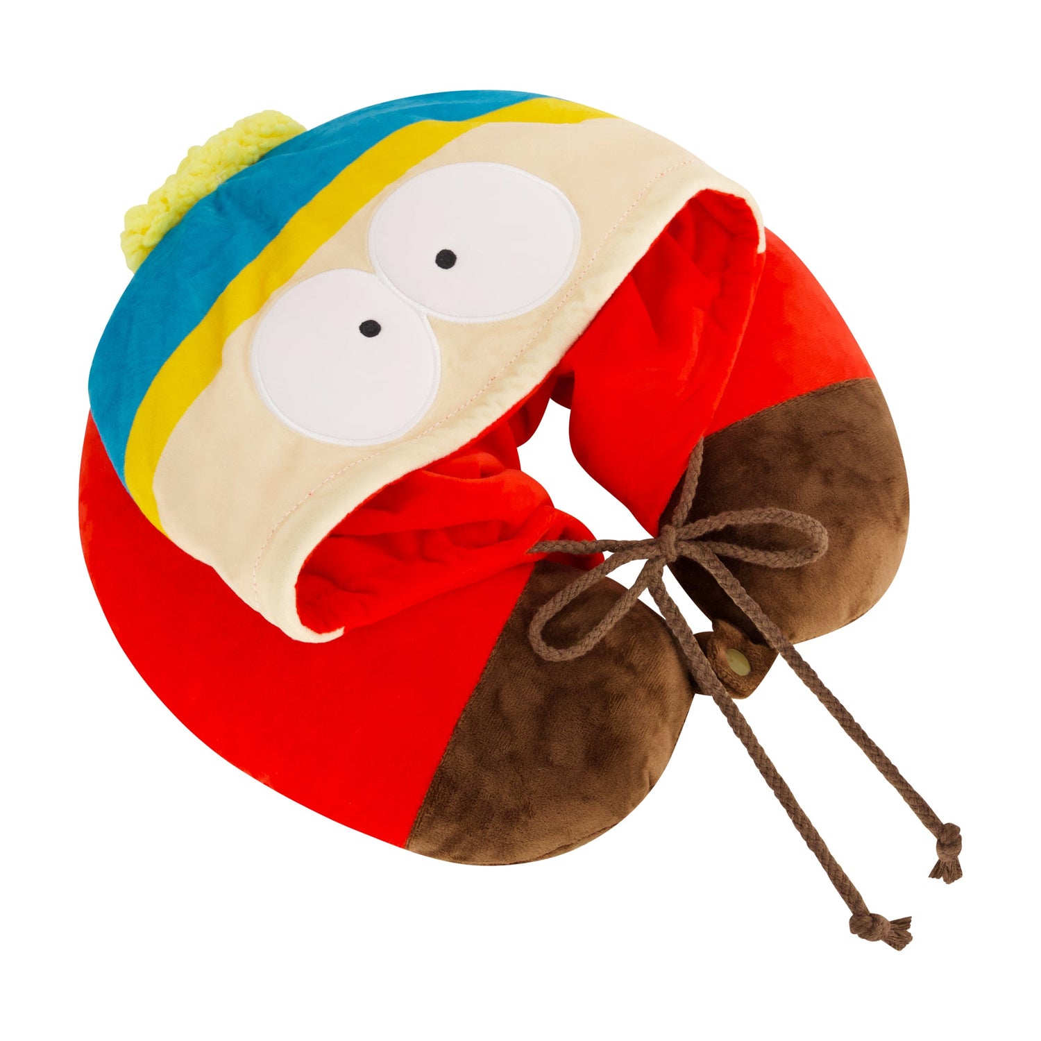 Close up of the plush material and character hood on the Eric Cartman travel pillow