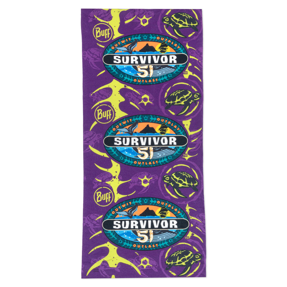 Survivor Season 51 Purple Dina Tribe BUFF headwear showing vibrant tribal pattern and seamless microfiber fabric.