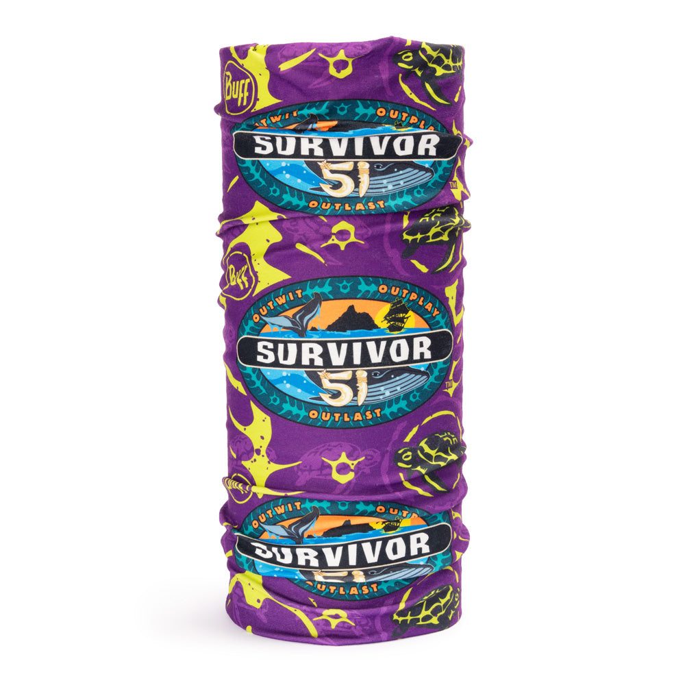Front-facing product shot of Survivor Season 51 purple Dina Tribe BUFF headwear laid flat.