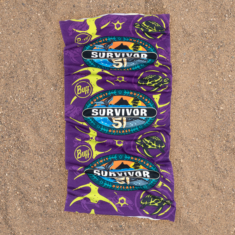 Close-up of official Survivor Season 51 purple Dina Tribe BUFF headwear highlighting stretch material and branding.